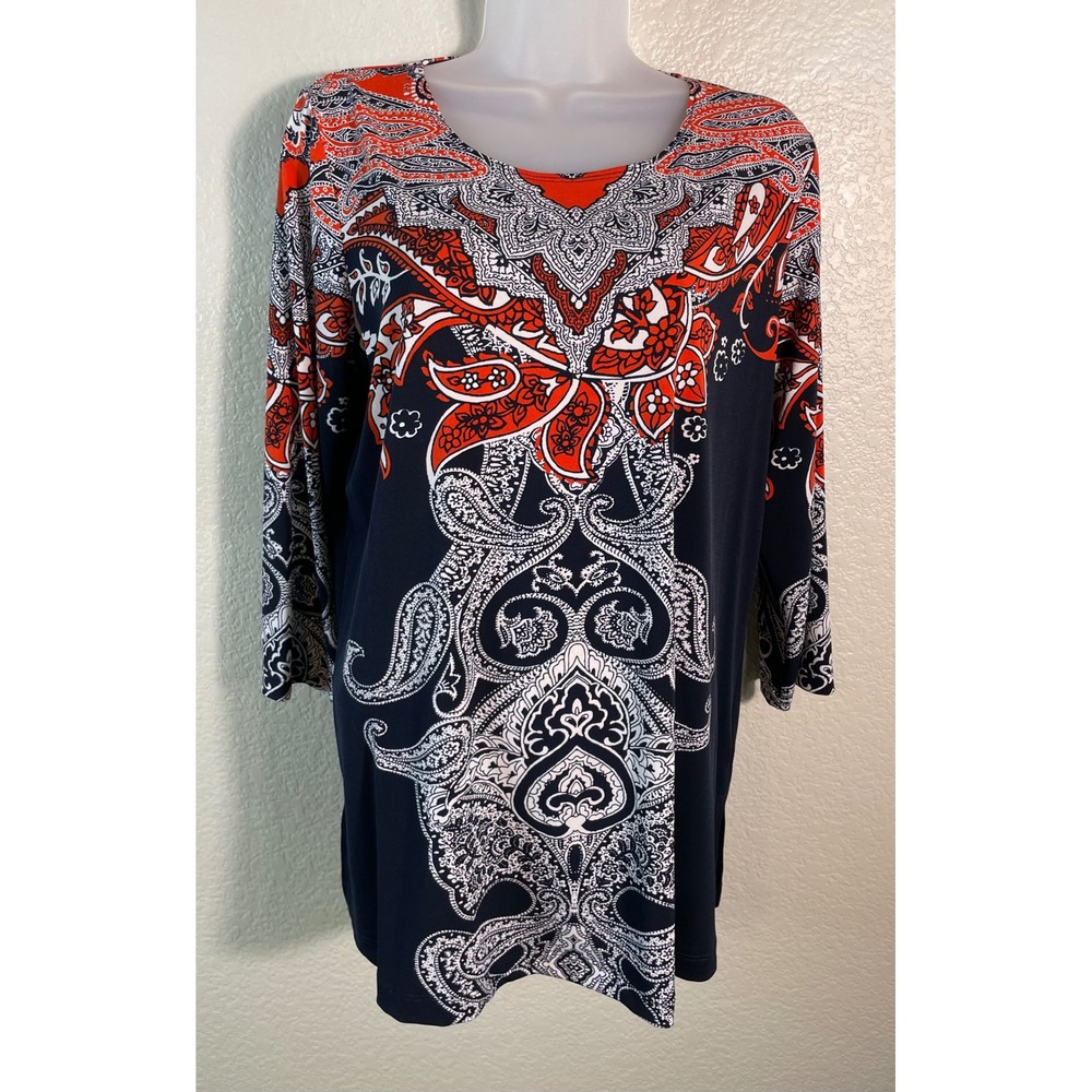 Susan Graver Womens Medium Tunic Top Navy Orange Paisley Liquid Knit 3/4 Sleeve